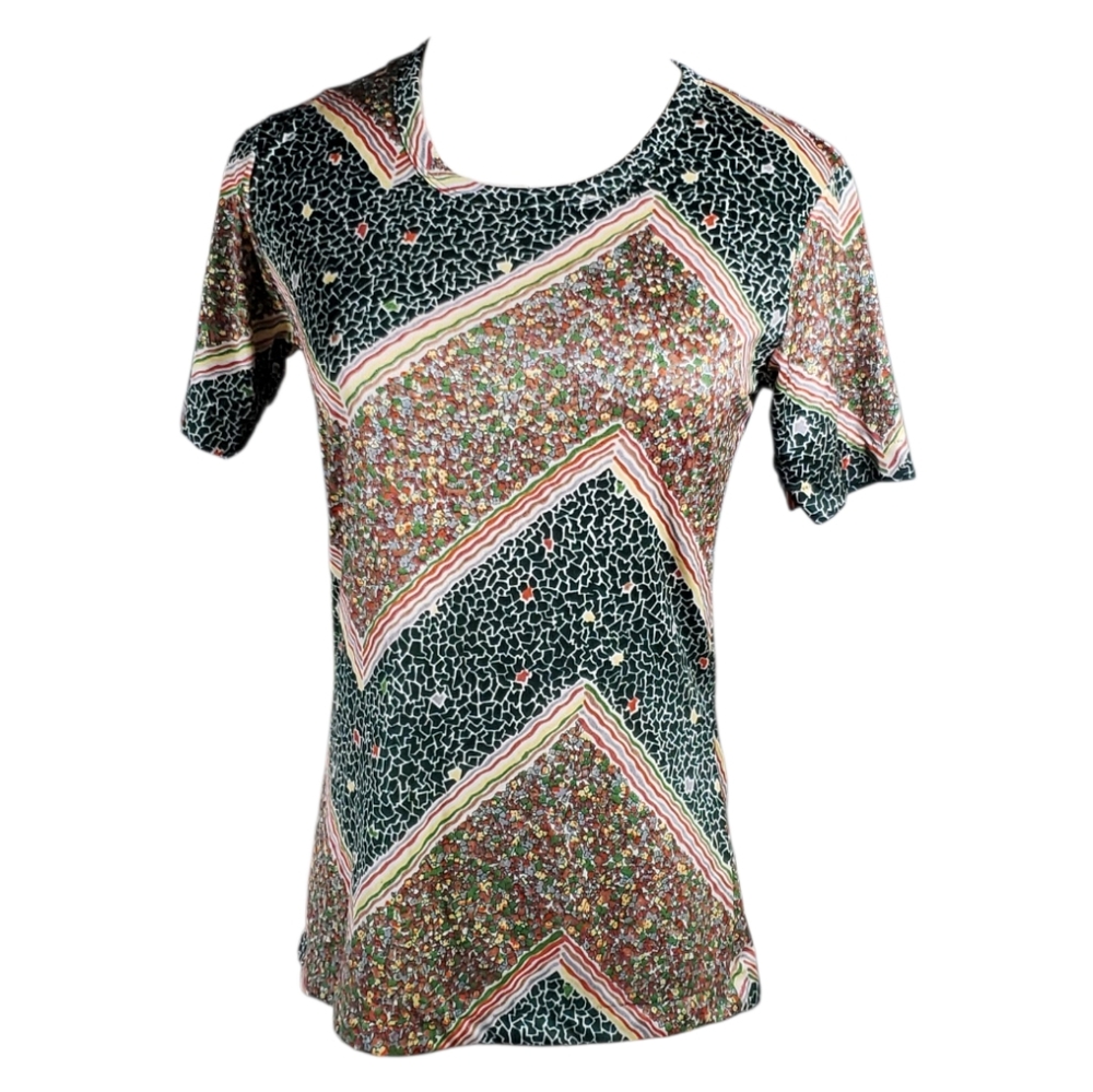 Vintage Helen Sue 70's Crackle Ditsy Stripes Geometric Short Sleeve Nylon Top S